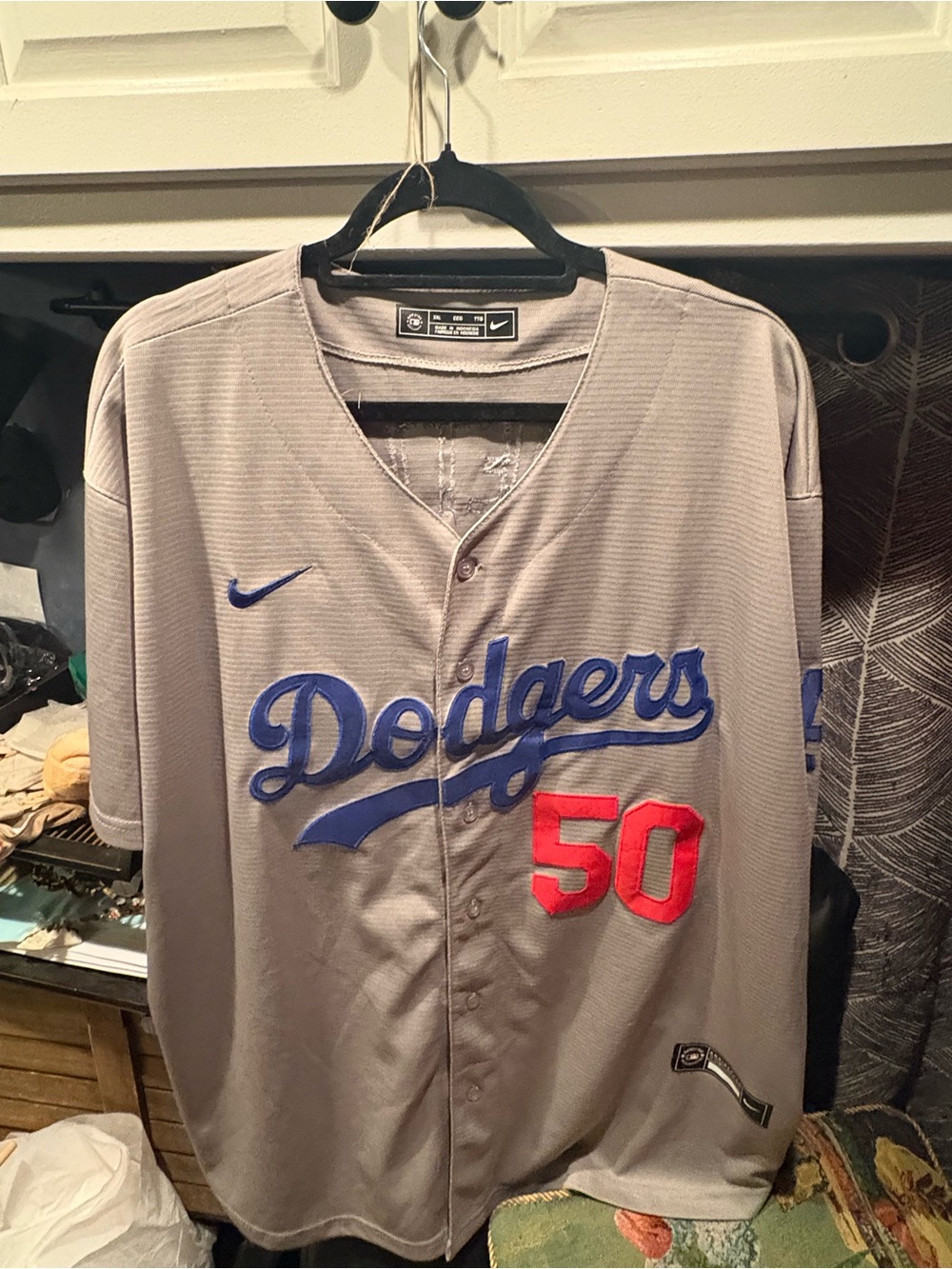 Nike Dodgers Gray Baseball Jersey with Blue Script and Red Number 50
